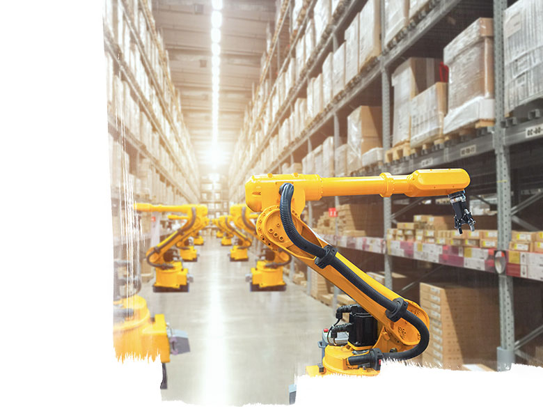 Automatic robot mechanical arm is working in temporary storage in a distribution warehouse.